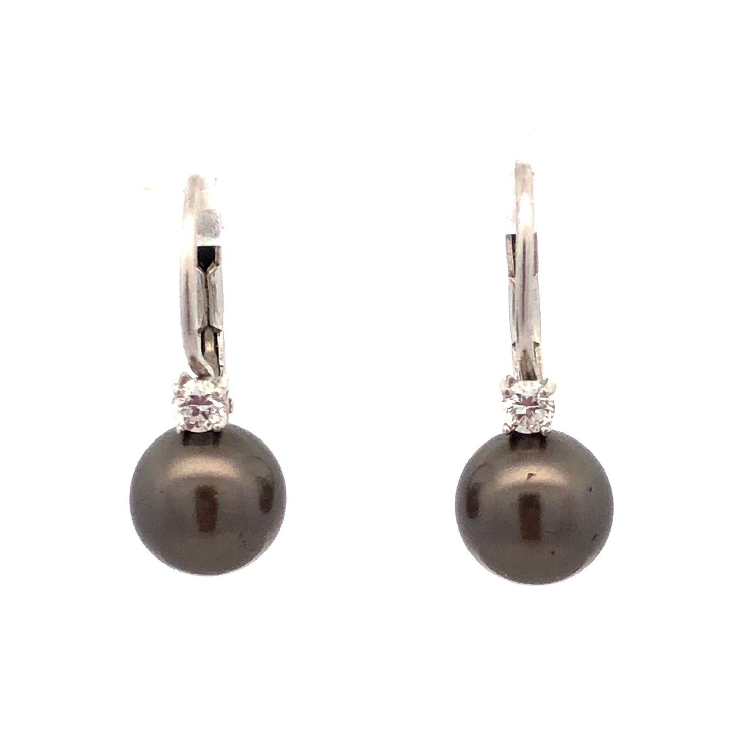 925 Sterling Silver Round Tahitian Pearl CZ Lever Back Dangle Earrings
