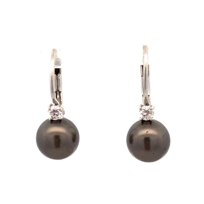 925 Sterling Silver Round Tahitian Pearl CZ Lever Back Dangle Earrings