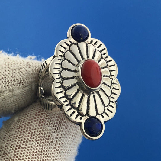 Vintage Native American Sterling Silver 925 Coral Lapis Lazuli Concho Motif Ring
