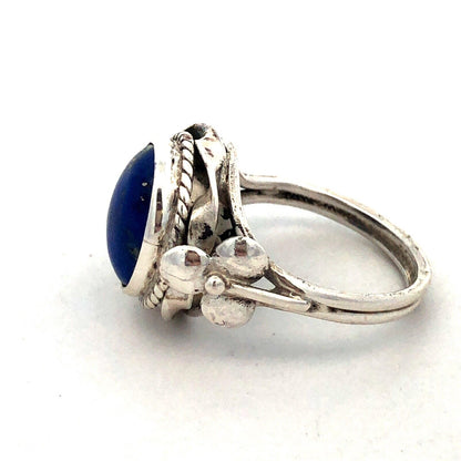 Vintage 925 Sterling Silver Oval Blue Lapis Lazuli Clover Textured Dome Ring