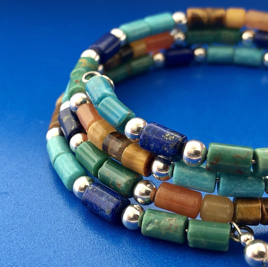 Sterling Silver Turquoise Lapis Lazuli Tigers Eye Bead Three Wrap Flex Bracelet