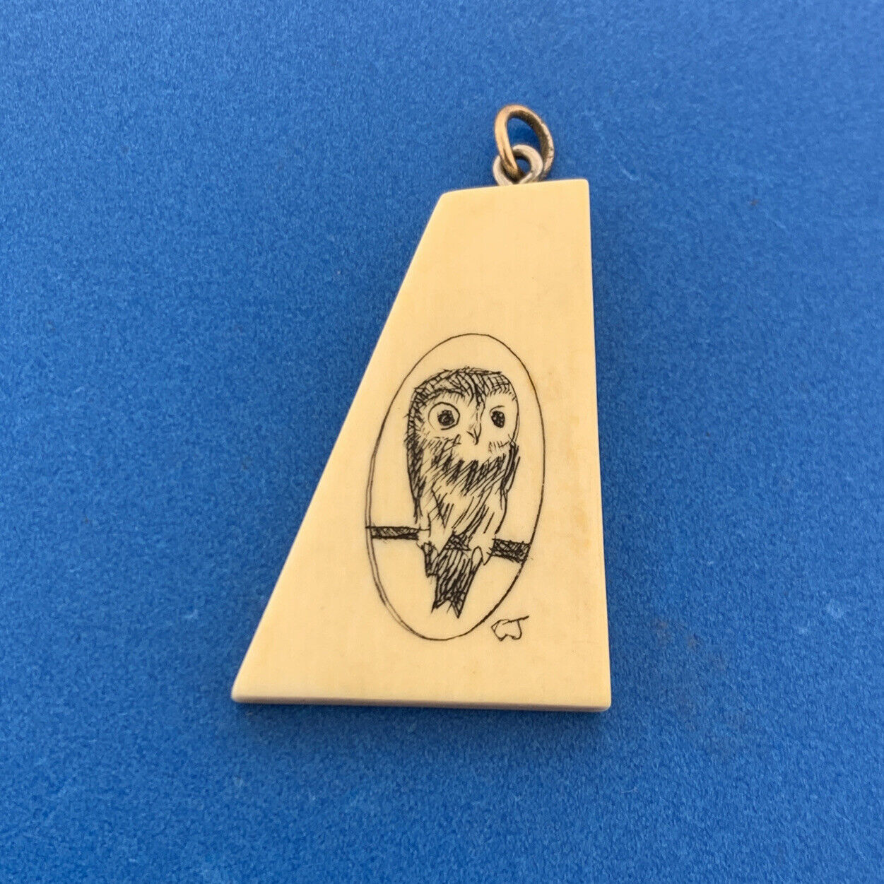 Signed CJ 925 Sterling Silver Scrimshaw Owl Wisdom Patience Trapezoid Pendant