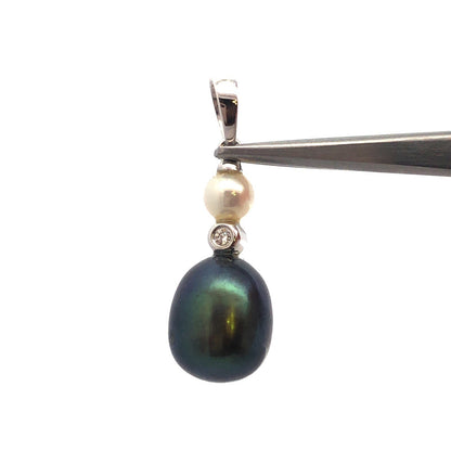 Designer 14K White Gold Black White Pearl Diamond Accented Drop Dangle Pendant