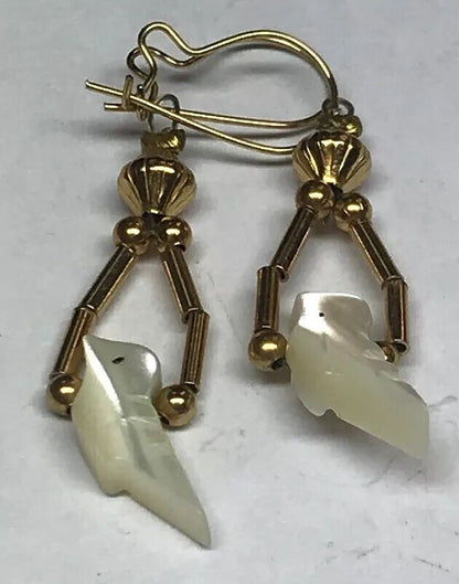 Vintage Gold Toned Mother Of Pearl Bird Drop Dangle Bead Earrings