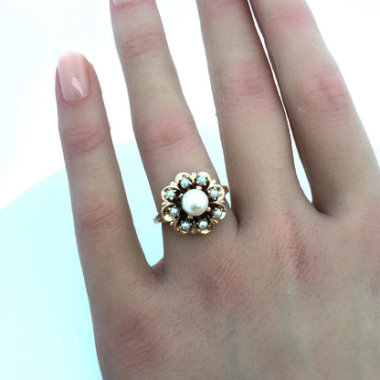 Vintage 14K Yellow Gold Pearl Solitaire With Pearl Halo Anniversary Ring