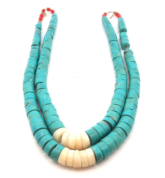 Vintage Artisan Turquoise Mother Of Pearl Red Coral Beaded Statement Necklace