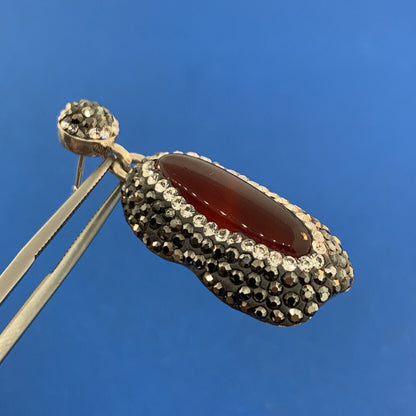 Art Deco 925 Sterling Silver Carnelian Crystal Marcasite Drop Dangle Earrings