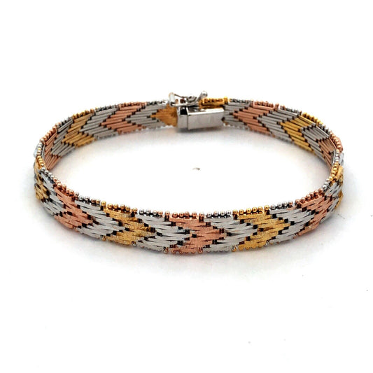 Italy Sterling Silver Gold Rose Gold Vermeil Tri-Color Chevron Chain Bracelet