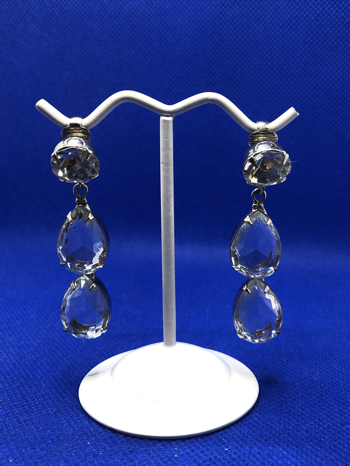 1970's Runway Couture Silver Tone Faceted Crystal Drop Dangle Clip Earrings