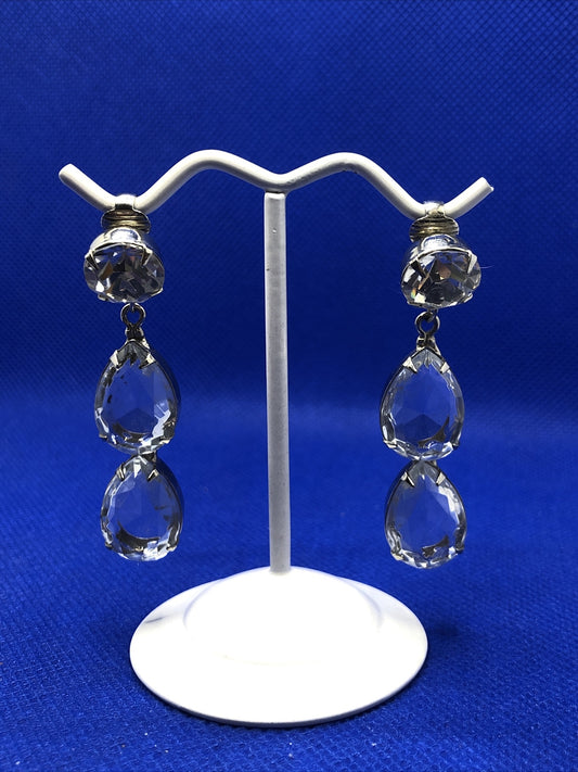 1970's Runway Couture Silver Tone Faceted Crystal Drop Dangle Clip Earrings