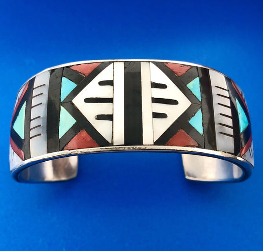 Native American Signed 925 Sterling Multi Stone Inlay Statement Cuff Bracelet