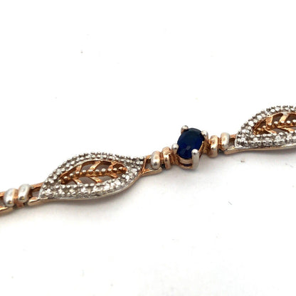 Designer DL 925 Sterling Silver Gold Vermeil Oval Blue CZ Leaves Tennis Bracelet