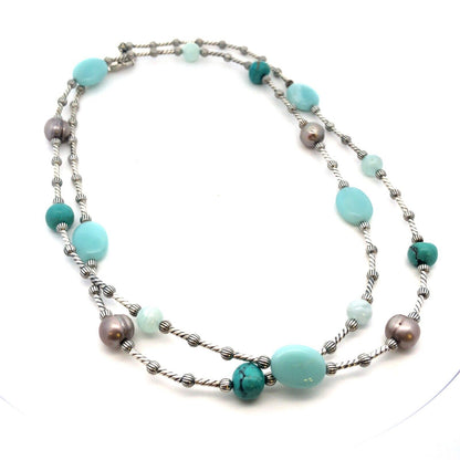 Native American Carolyn Pollack 925 Silver Turquoise Pearl Beaded Necklace