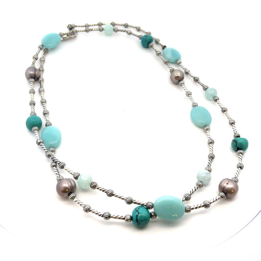 Native American Carolyn Pollack 925 Silver Turquoise Pearl Beaded Necklace