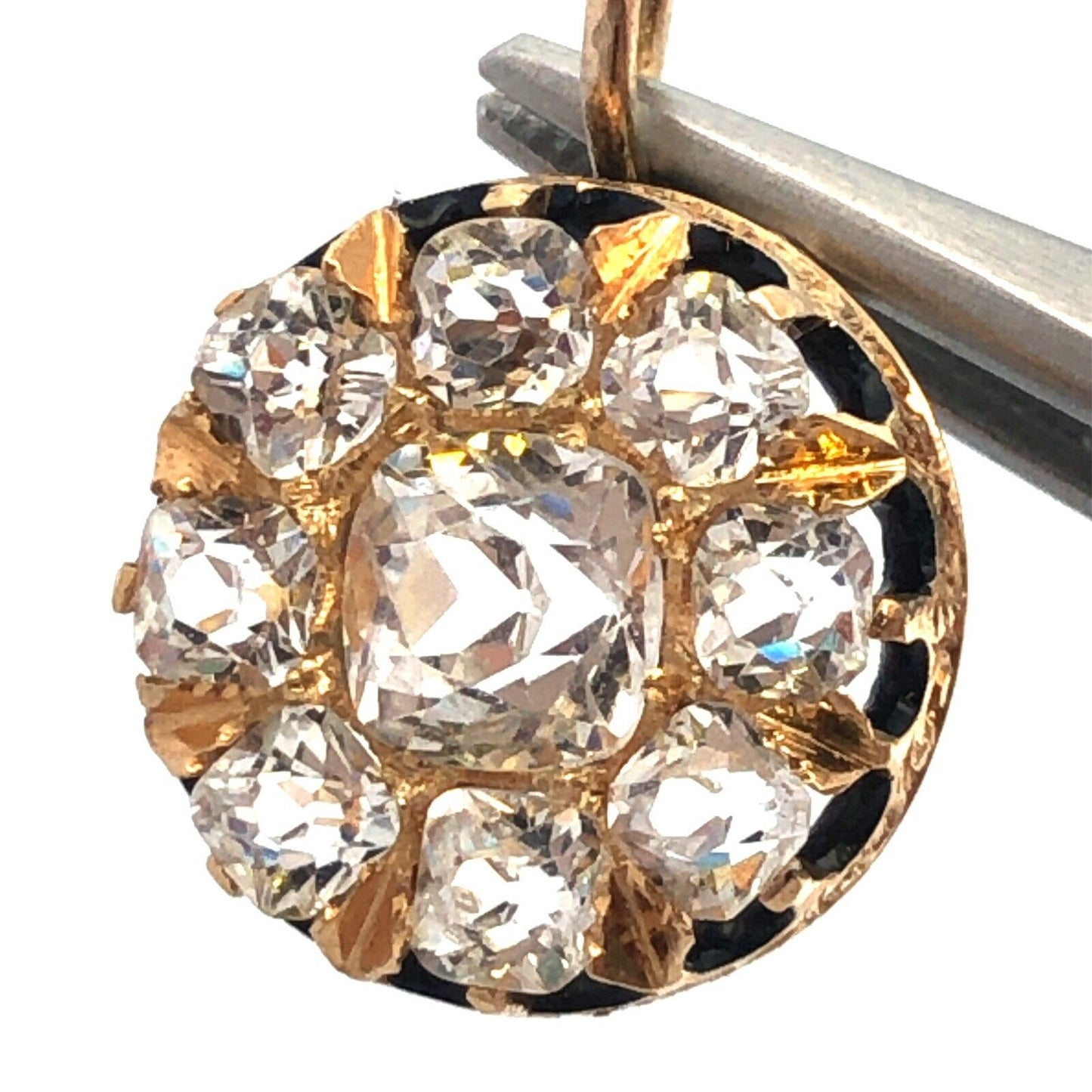 Estate 14K Yellow Gold Cubic Zirconia Cluster Enamel Round Pendant