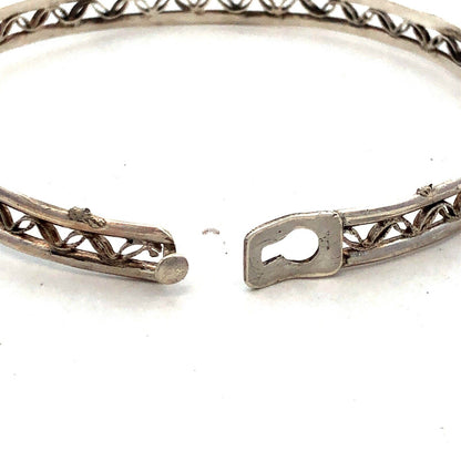 Vintage 925 Sterling Silver Open Work Leaf Scroll Bangle Bracelet