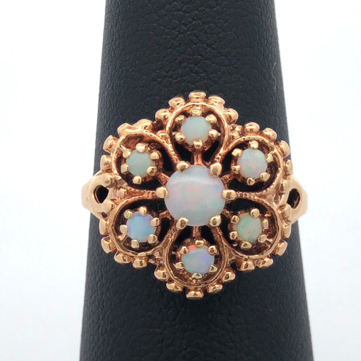 Designer ROMANY 10K Yellow Gold Opal Cabochon Flower Bead Detail Cocktail Ring