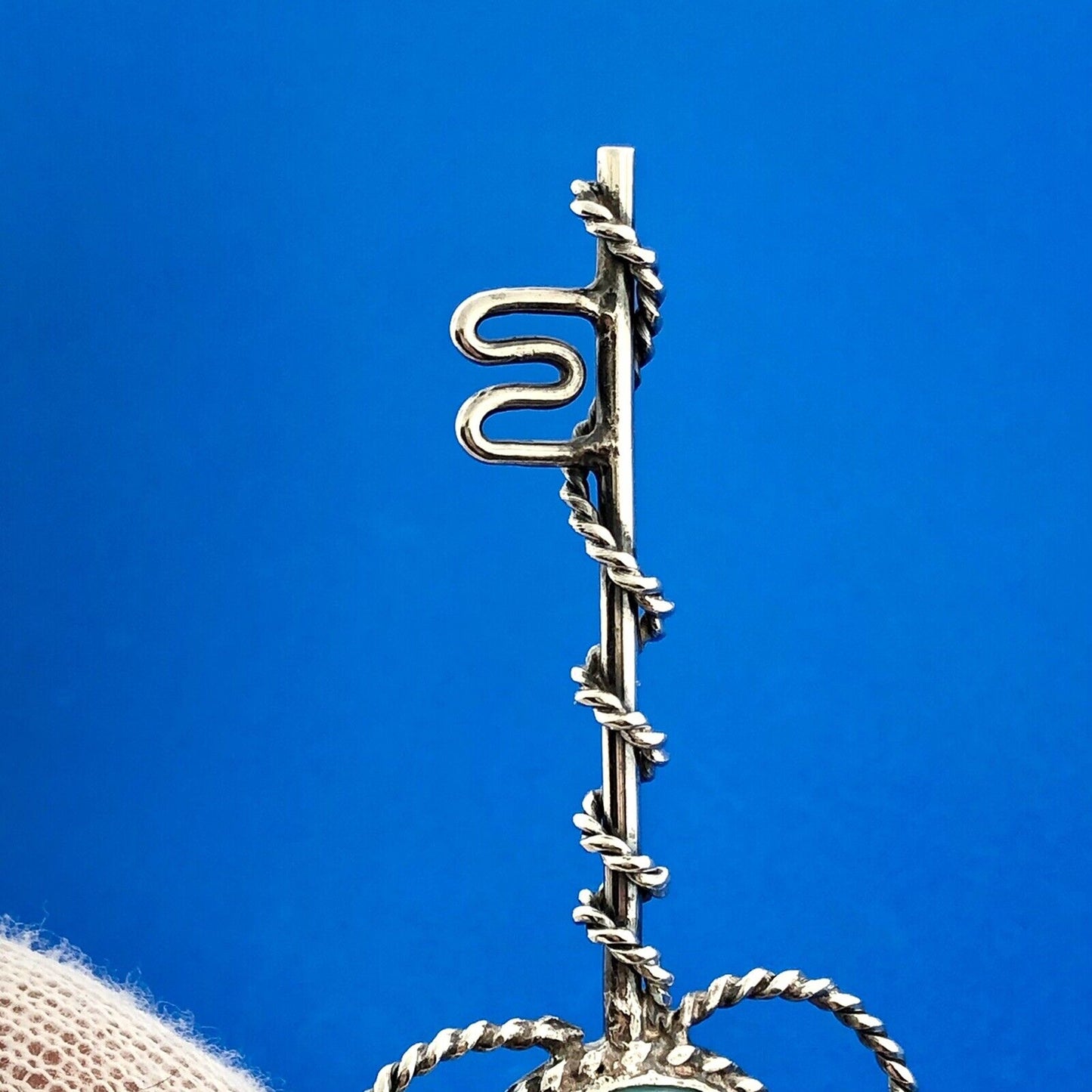 Retro 925 Sterling Silver Larimar Pectolite Skeleton Key Statement Pendant