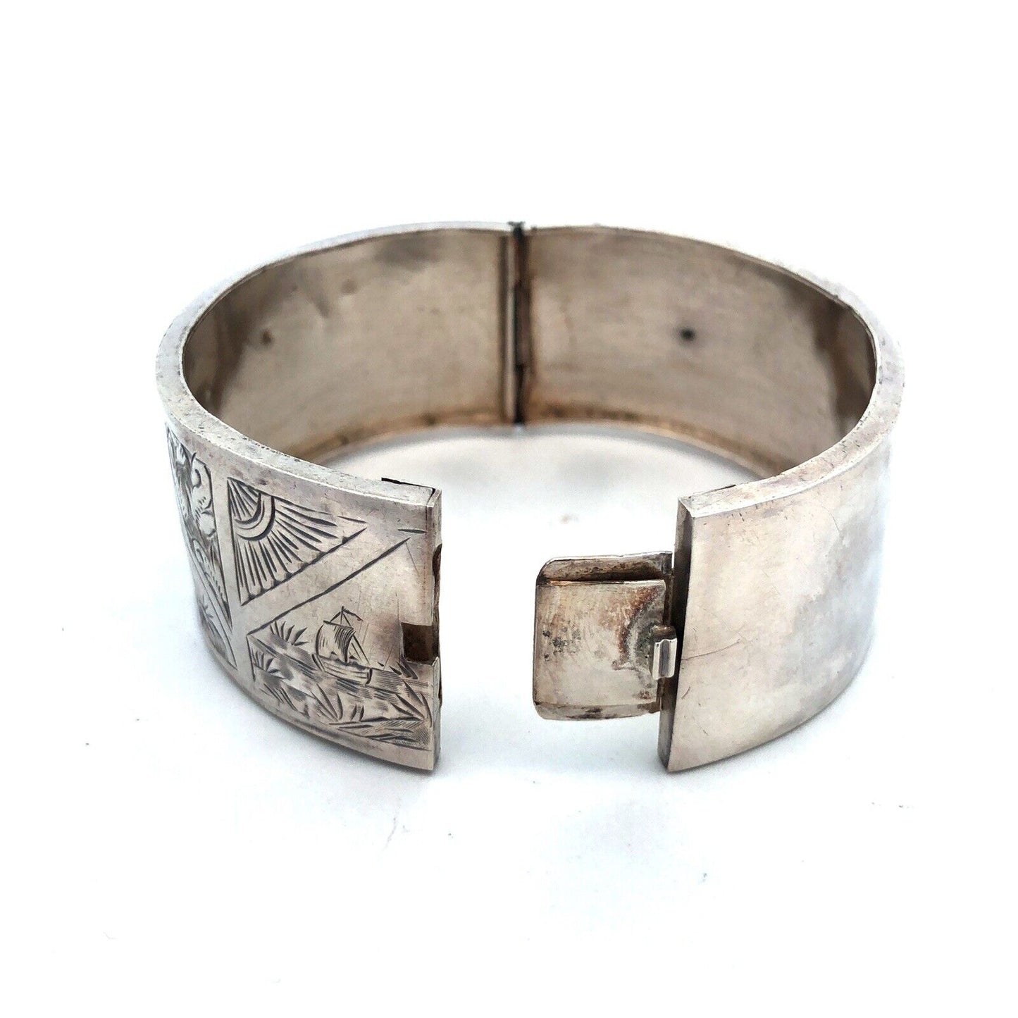 Vintage 925 Sterling Silver Wide Bird Nature Detail Hinged Cuff Bracelet