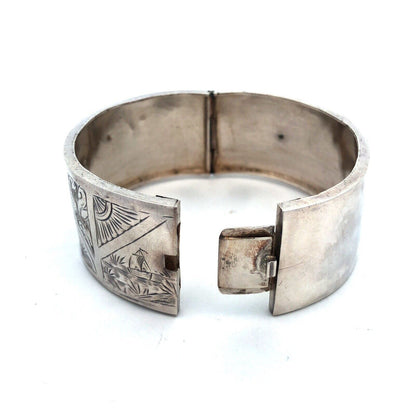 Vintage 925 Sterling Silver Wide Bird Nature Detail Hinged Cuff Bracelet