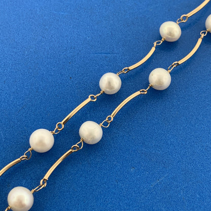 Designer 14K Yellow Gold Pearl Station Bar Link June Bridal Anniversary Necklace
