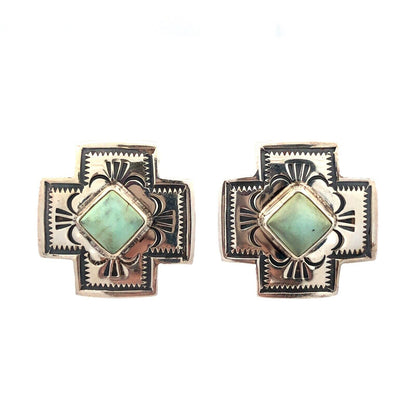 Native American 925 Sterling Silver Green Turquoise Concho Cross Clip On Earring