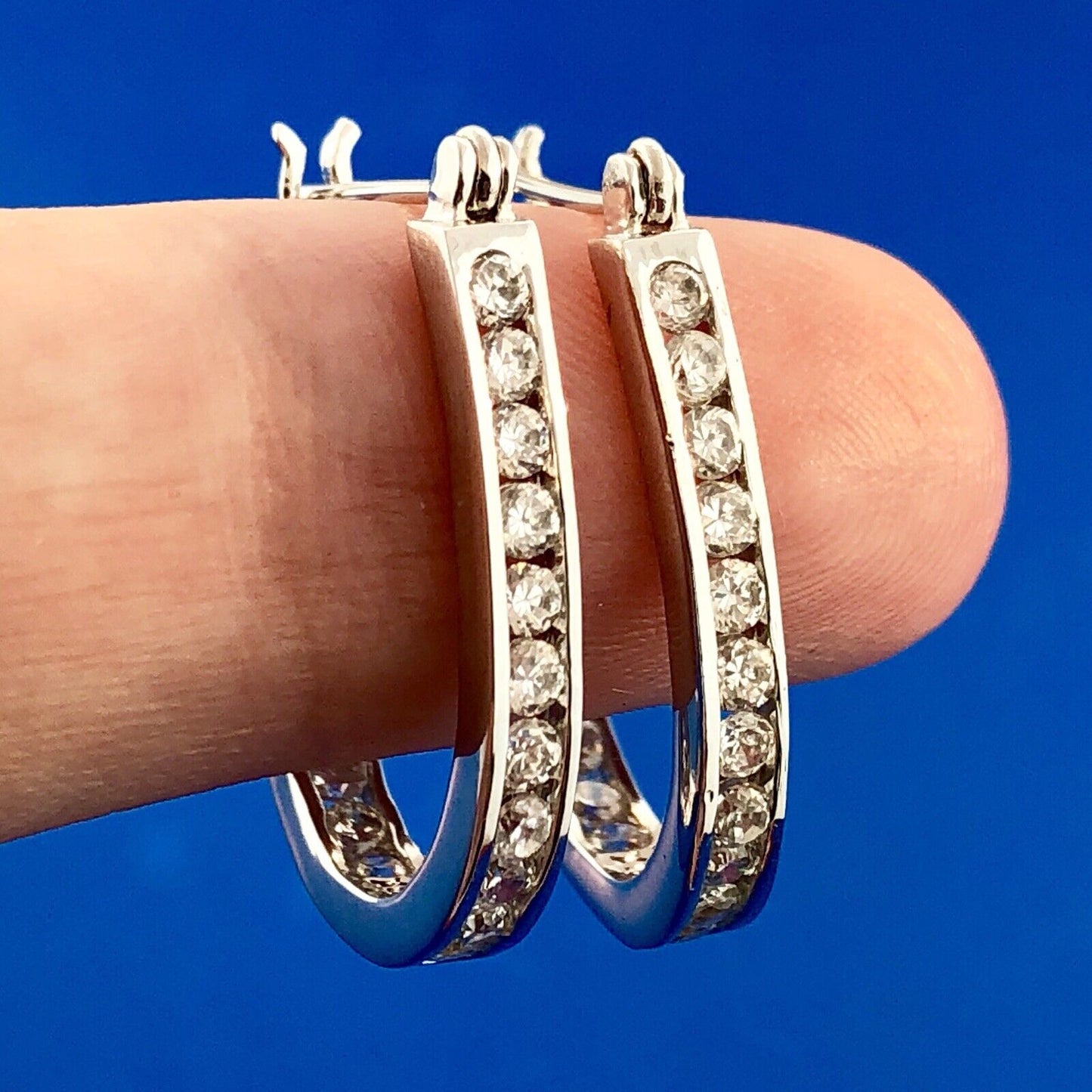 Designer SX Sterling Silver Cubic Zirconia CZ Inside Out Elongated Hoop Earrings