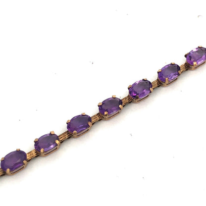 Vintage 10K Oval Amethyst Panel Bar Link February Anniversary Tennis Bracelet