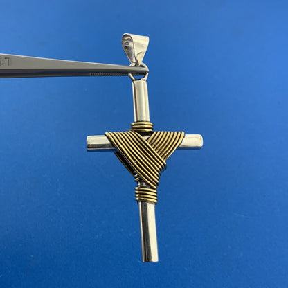 Vintage Mexico Sterling Silver Brass Wrapped Religious Statement Cross Pendant