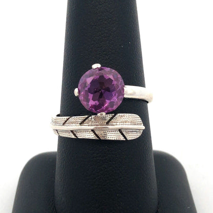 Vintage FS Mexico 925 Sterling Silver Round Purple Sapphire Feather Bypass Ring