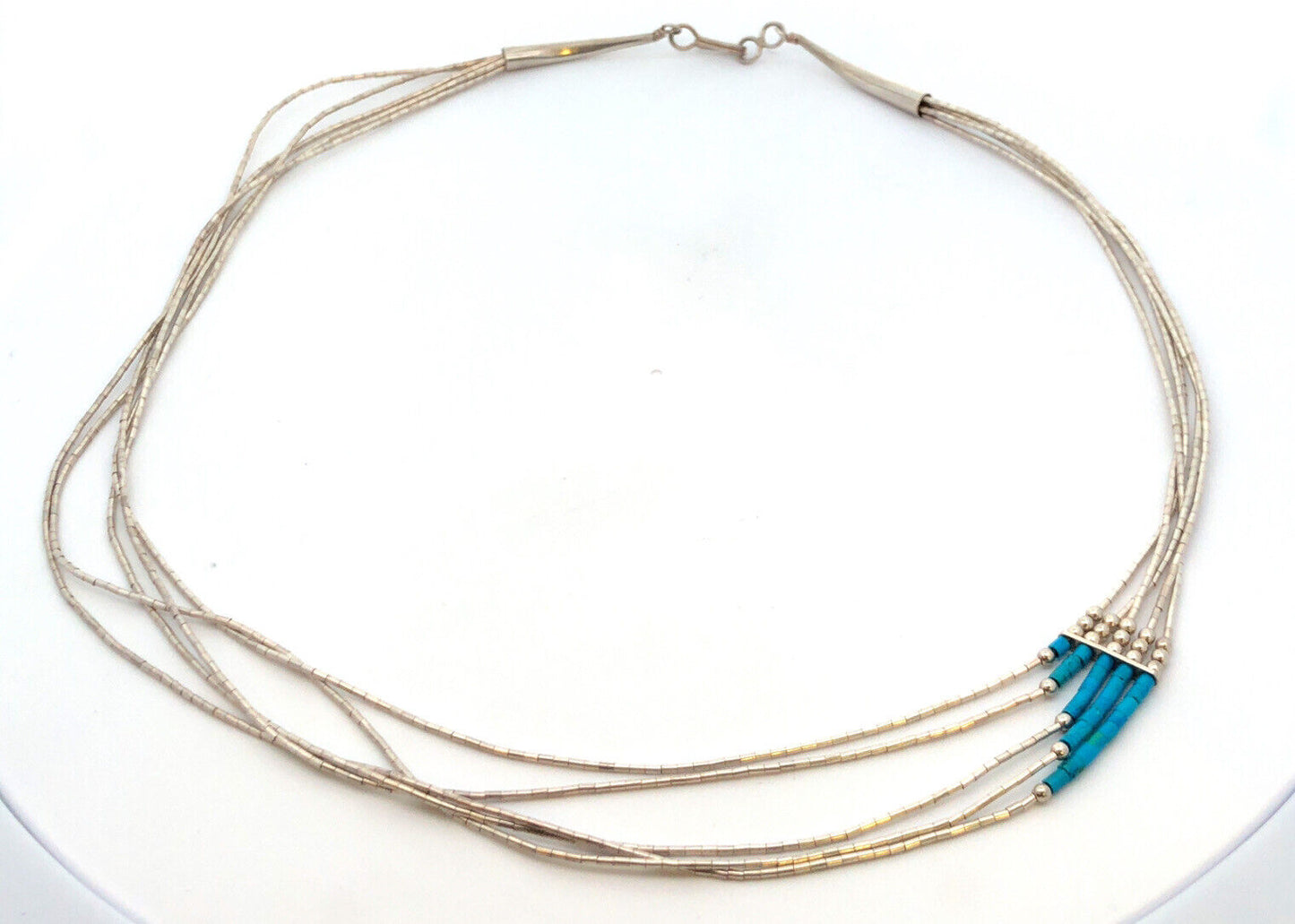 Native American 925 Sterling Silver Turquoise Liquid Silver 5 Strand Necklace