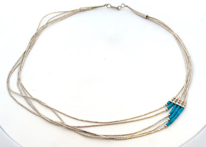 Native American 925 Sterling Silver Turquoise Liquid Silver 5 Strand Necklace
