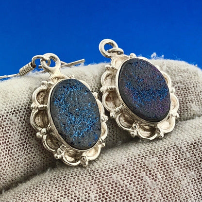 Estate 925 Sterling Silver Iridescent Purple Druzy Quartz Drop Dangle Earrings