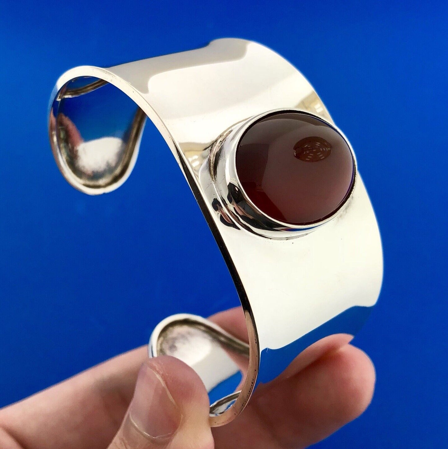 CII Mexico Taxco 925 Sterling Silver Carnelian Cabochon Statement Cuff Bracelet