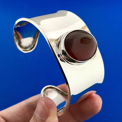 CII Mexico Taxco 925 Sterling Silver Carnelian Cabochon Statement Cuff Bracelet