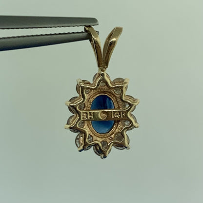 14K Yellow Gold Oval Blue Sapphire Diamond Halo Pendant