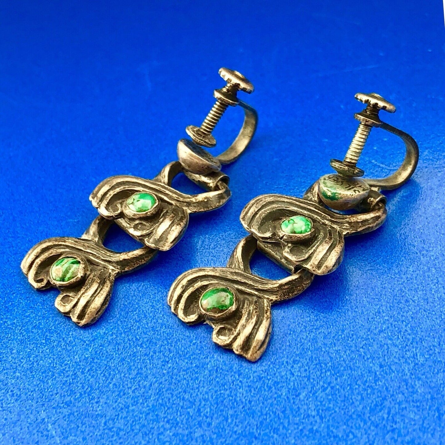Mid Century Taxco Silver 925 Malachite Double Drop Screw Back Earrings-Patina!