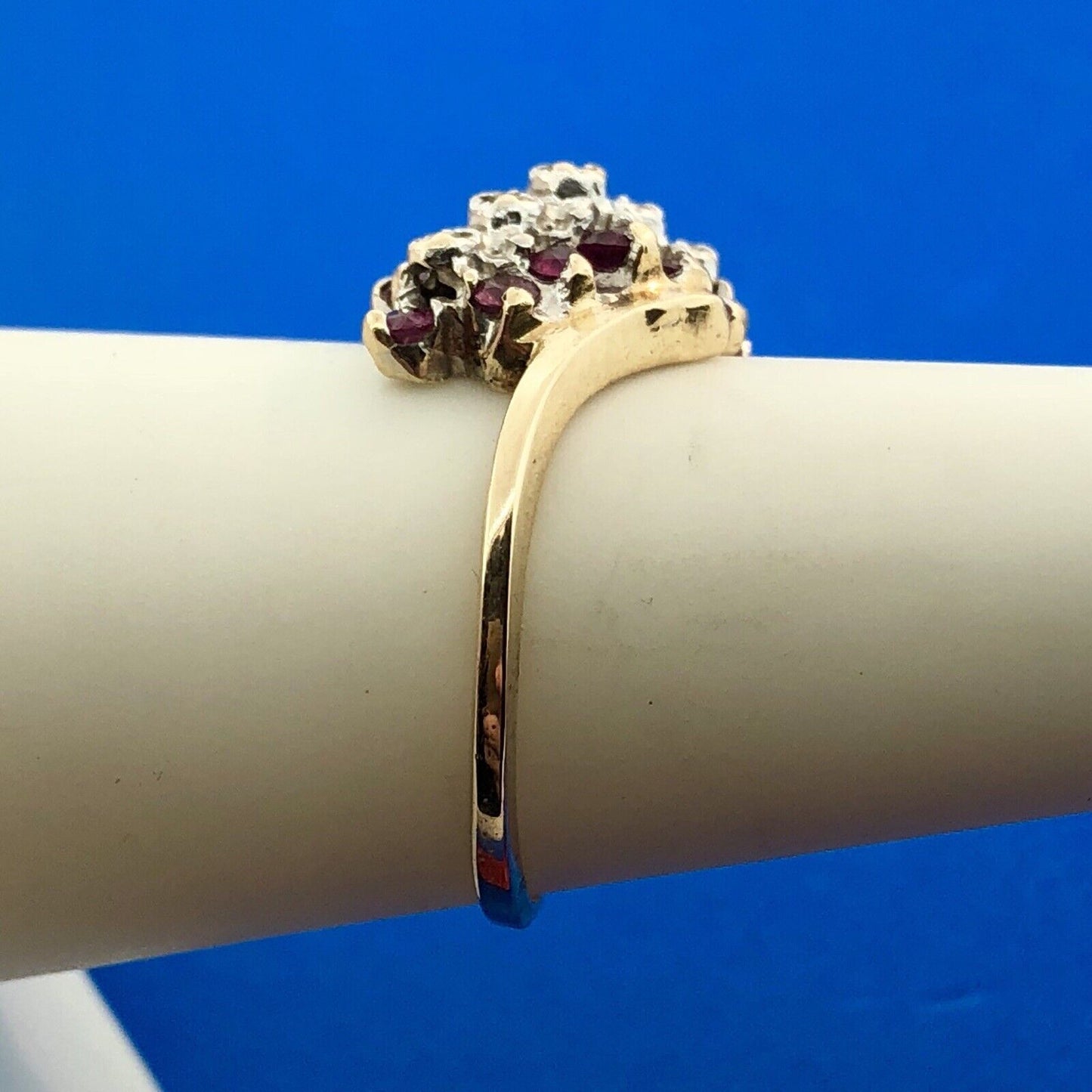 Vintage 10K Yellow Gold Ruby Diamond Cluster Bypass Cocktail July Occasion Ring