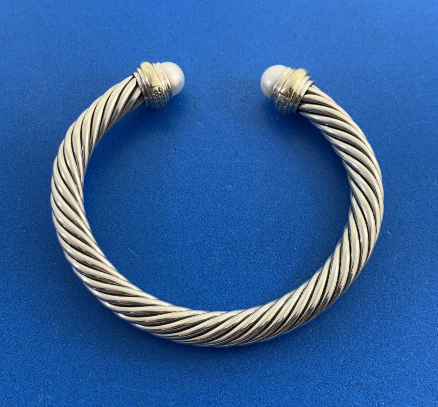 David Yurman Sterling Silver 14K Gold Pearl Cable Classics 7 mm Cuff Bracelet