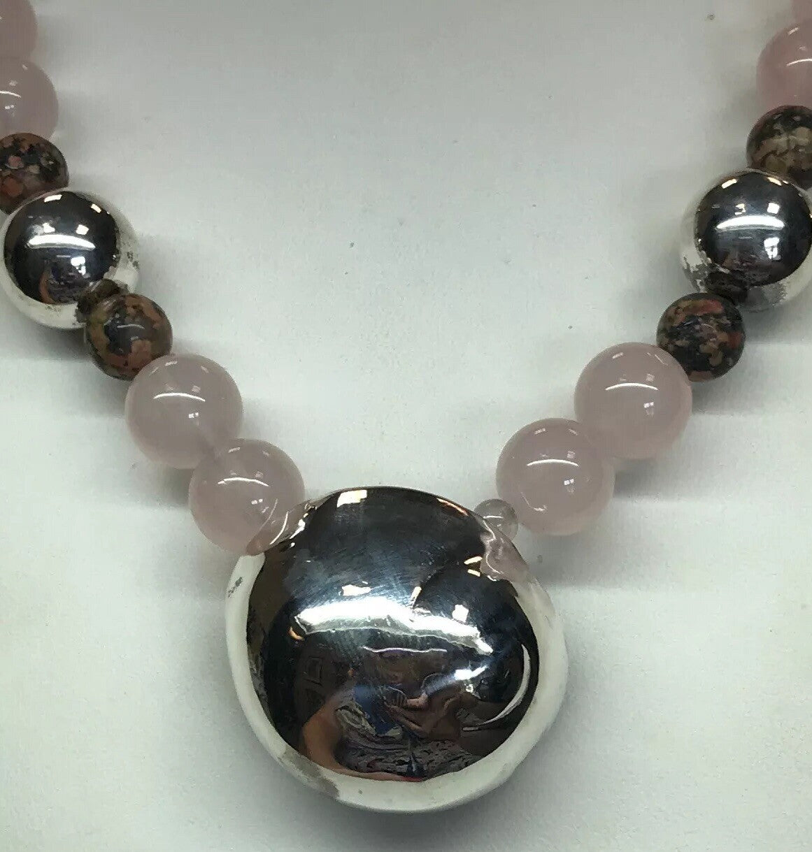 Mignon Faget 925 Sterling Silver Rose Quartz Jasper Bead Moon Snail Necklace