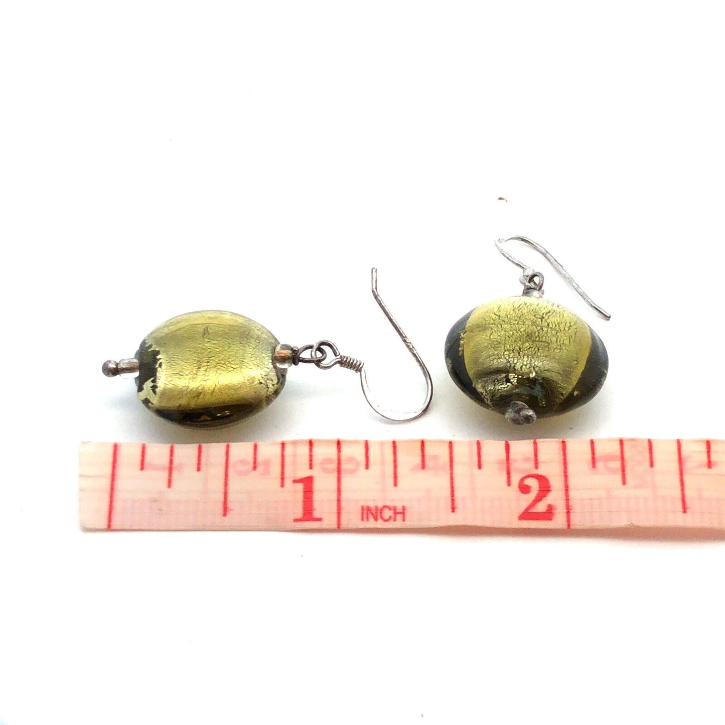 Estate 925 Sterling Silver Round Lime Green Dichroic Glass Hook Dangle Earrings