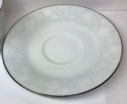 Retired Noritake Ravel Pattern White Flowers w/Blue Silver Trim Cup/Saucer Set