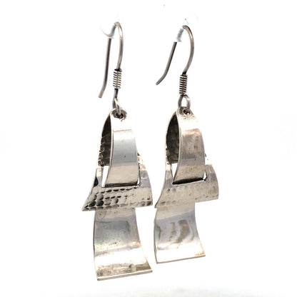 Taxco 925 Sterling Silver Hammered Polished Modernist Triangle Dangle Earrings