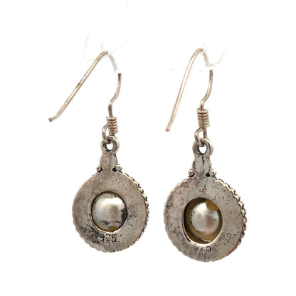 Vintage 925 Sterling Silver Round Pearl Beaded Detail Hook Dangle Earrings