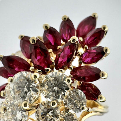 Vintage 18K Yellow Gold Round Diamond Marquise Lab Created Ruby Waterfall  Ring