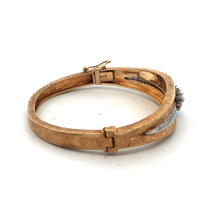 Vintage 14K Yellow Gold Round Diamond Flower Textured Hinged Bangle