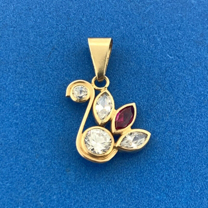 Vintage Mexico 10K Yellow Gold Ruby White Topaz Modernist Floral Dangle Pendant