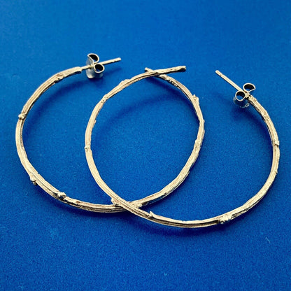 Sterling Silver 925 Bamboo Twig Nodule Textured Statement Hoop Earrings