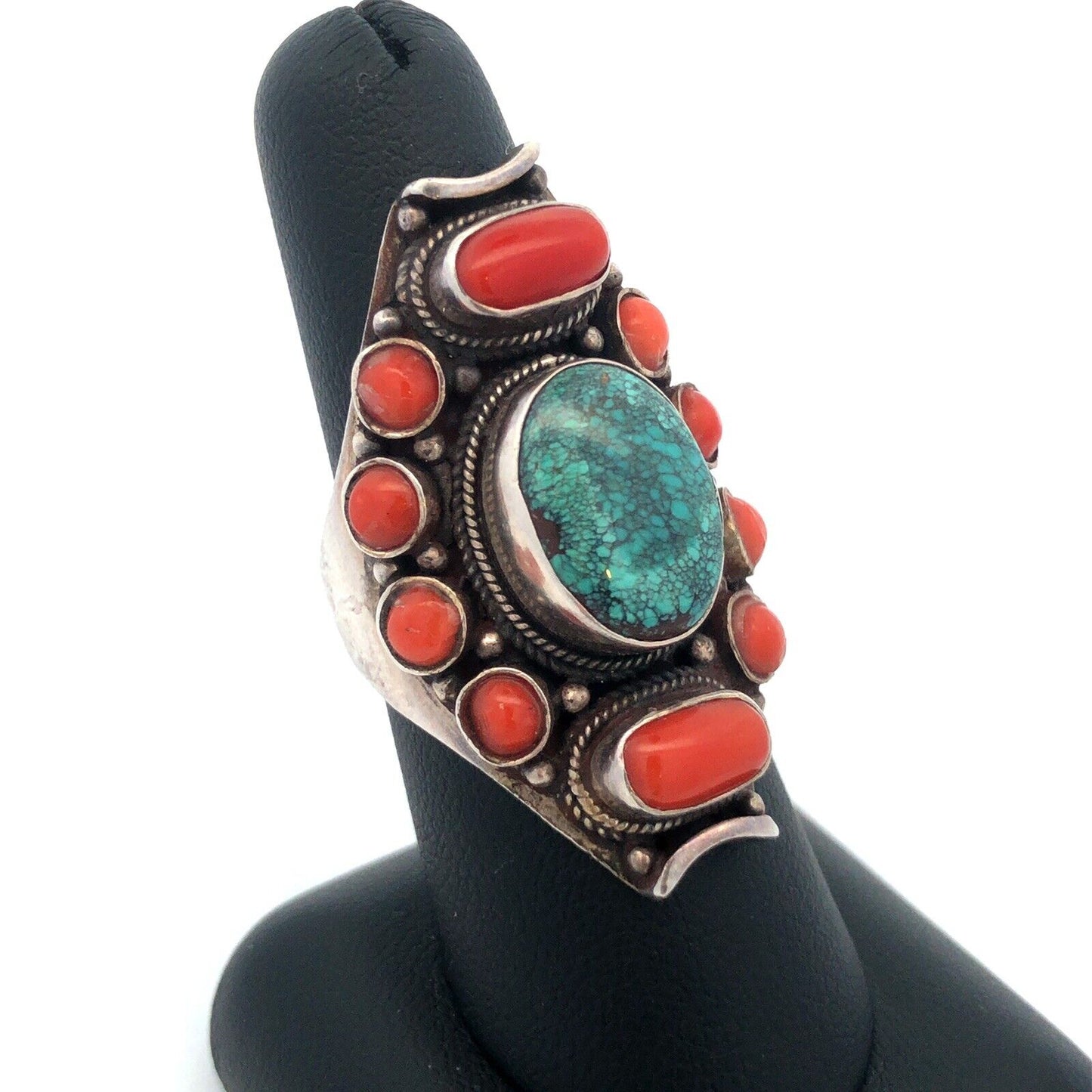 Old Pawn Unsigned 925 Sterling Silver Turquoise Coral Statement Finger Ring