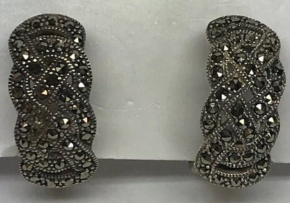 Art Deco 925 Sterling Silver Marcasite Open Work Basket Weave Clip Earrings